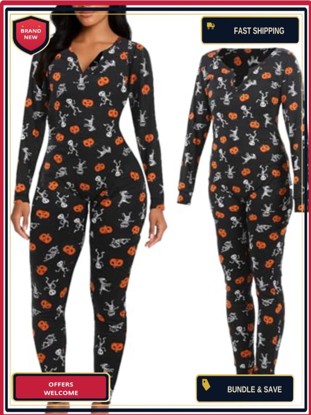 Women Pumpkin Skeleton One-Piece Pajama Halloween Christmas Cosplay Sleepwear